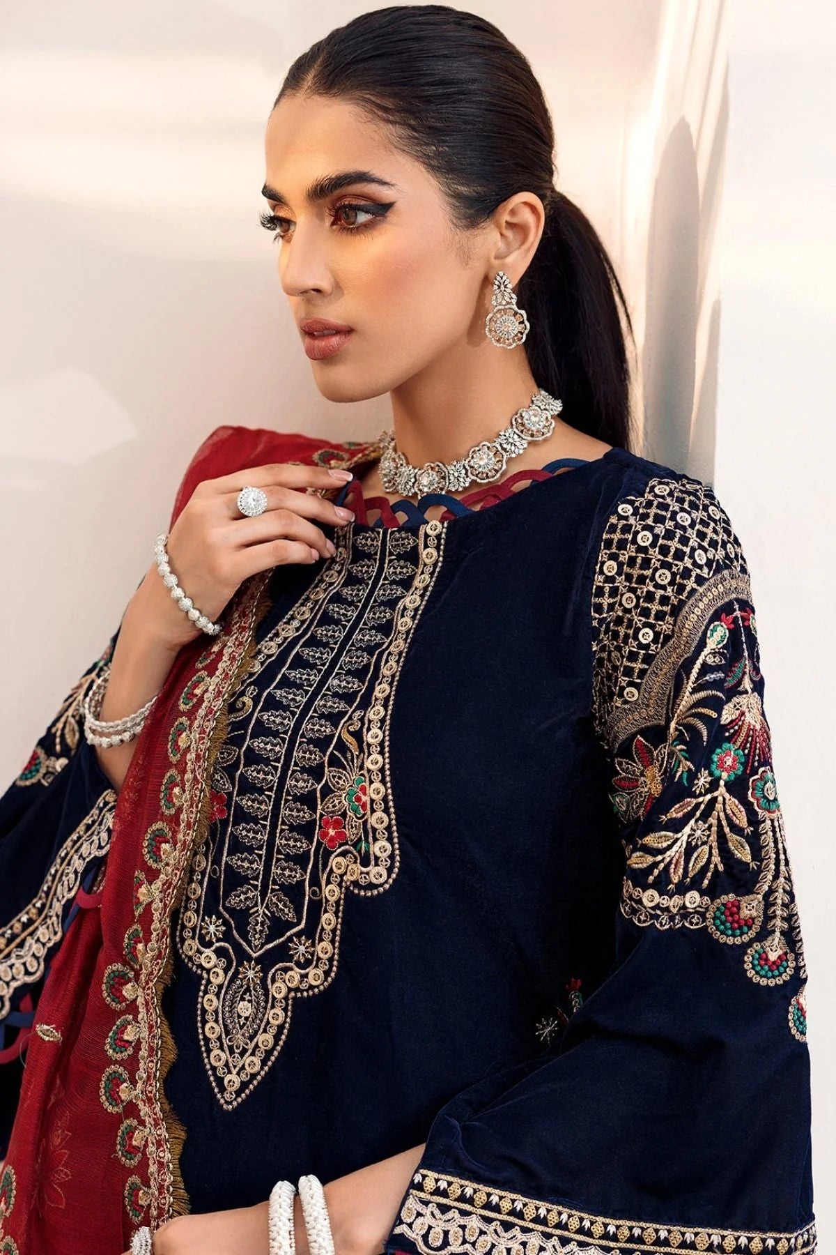 EMAAN ADEEL -3PC EMBROIDED VELVET DRESS WITH 2 SIDE EMBROIDED ORGANZA DUPATTA- FPW-16