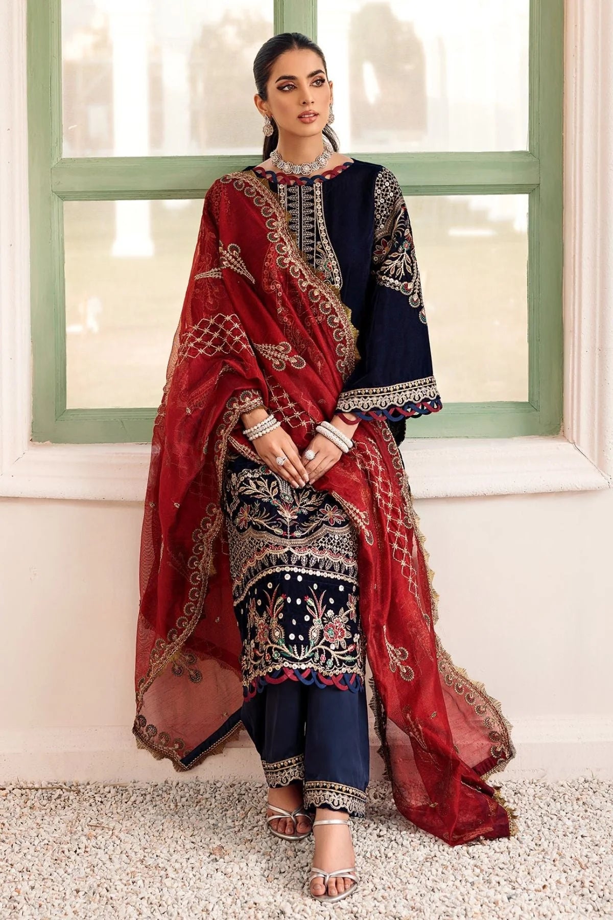 EMAAN ADEEL -3PC EMBROIDED VELVET DRESS WITH 2 SIDE EMBROIDED ORGANZA DUPATTA- FPW-16