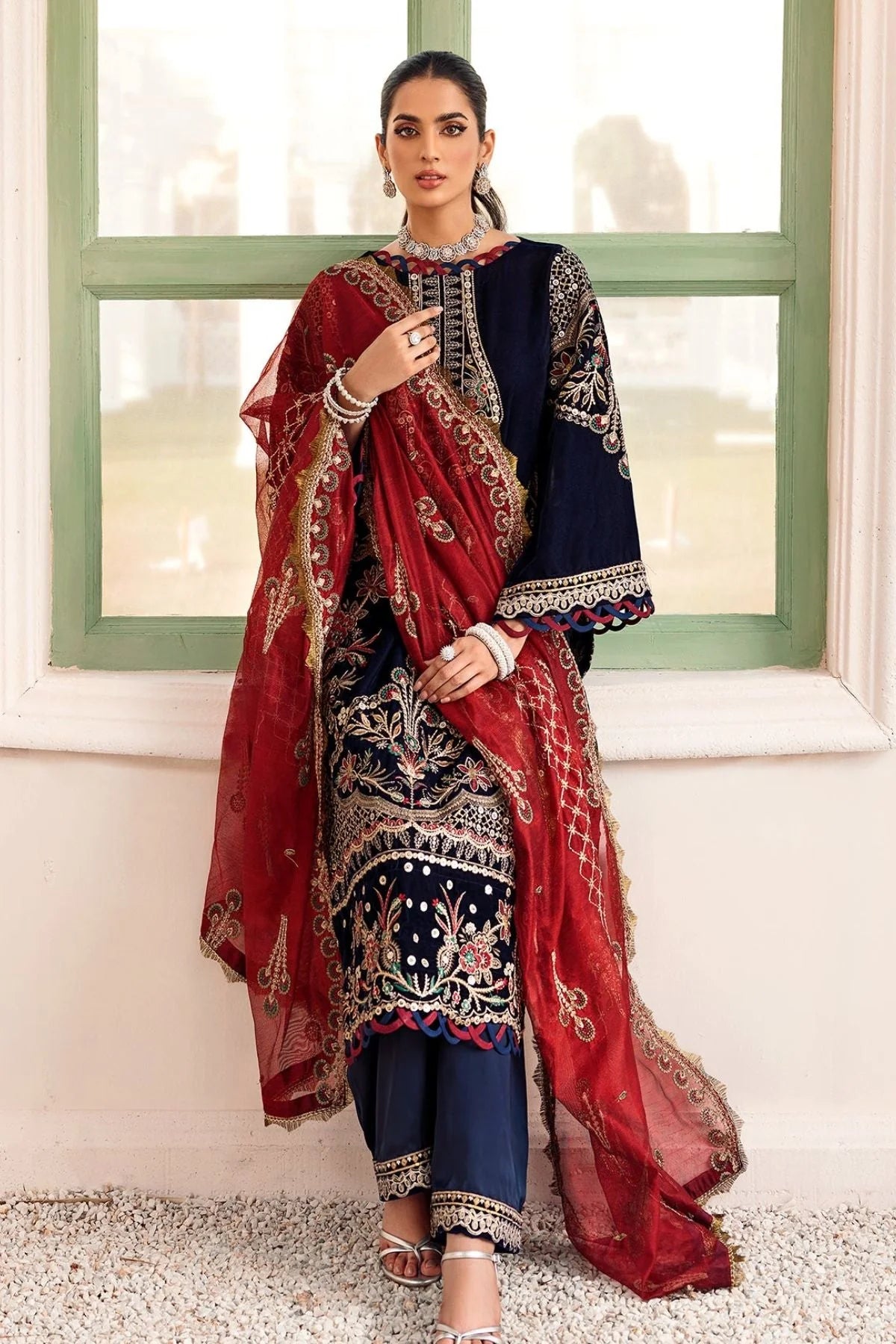 EMAAN ADEEL -3PC EMBROIDED VELVET DRESS WITH 2 SIDE EMBROIDED ORGANZA DUPATTA- FPW-16