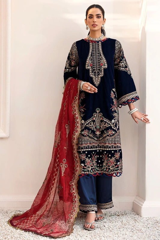 EMAAN ADEEL -3PC EMBROIDED VELVET DRESS WITH 2 SIDE EMBROIDED ORGANZA DUPATTA- FPW-16