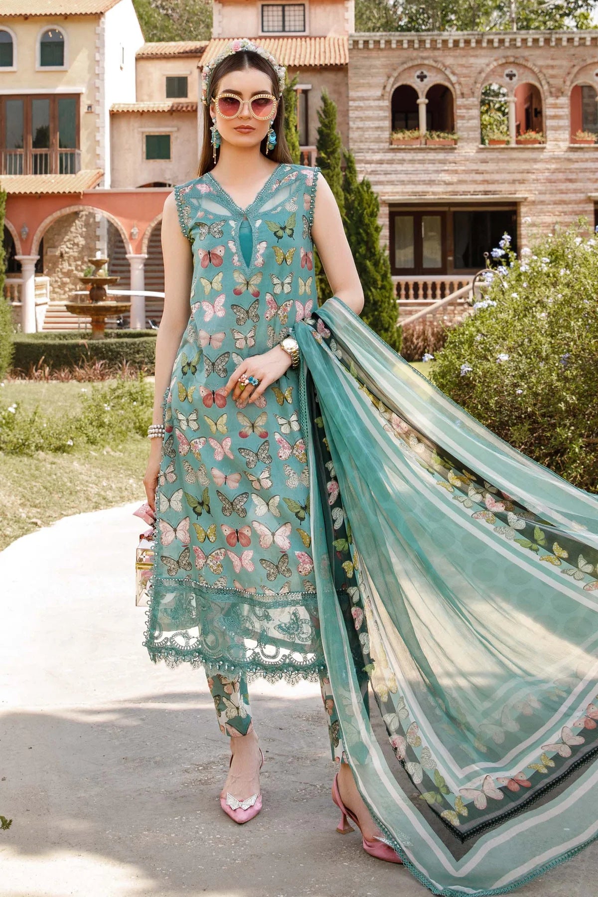 MARIA.B M.PRINTS -3PC EMBROIDED LAWN DRESS WITH CHIFFON DUPATTA- FCO-209B