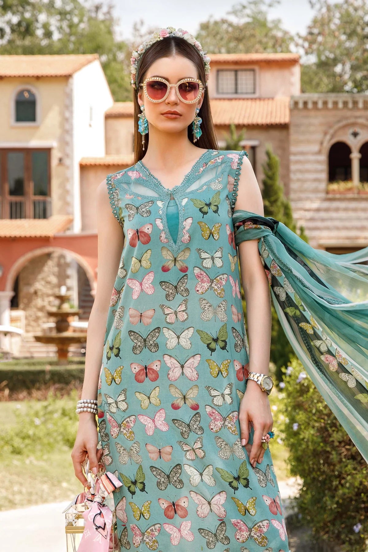 MARIA.B M.PRINTS -3PC EMBROIDED LAWN DRESS WITH CHIFFON DUPATTA- FCO-209B