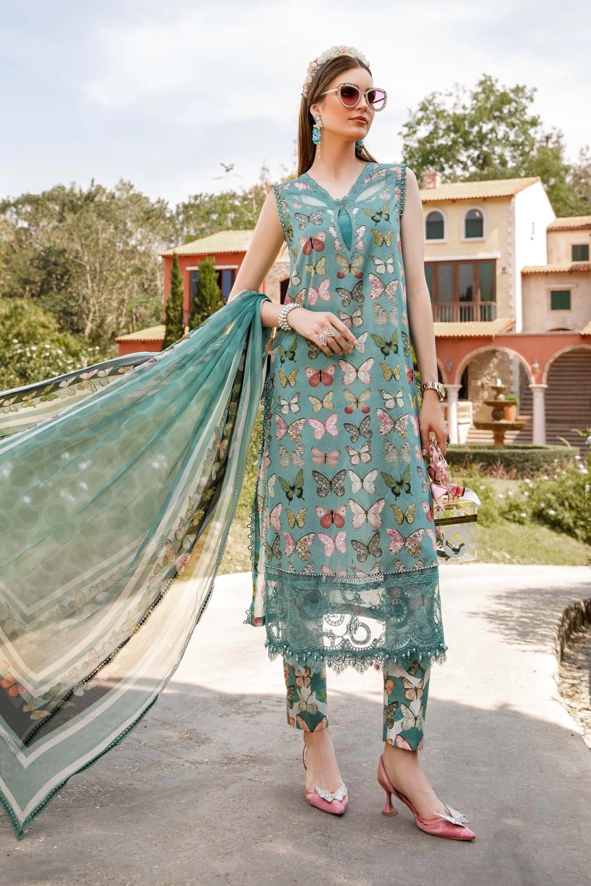 MARIA.B M.PRINTS -3PC EMBROIDED LAWN DRESS WITH CHIFFON DUPATTA- FCO-209B