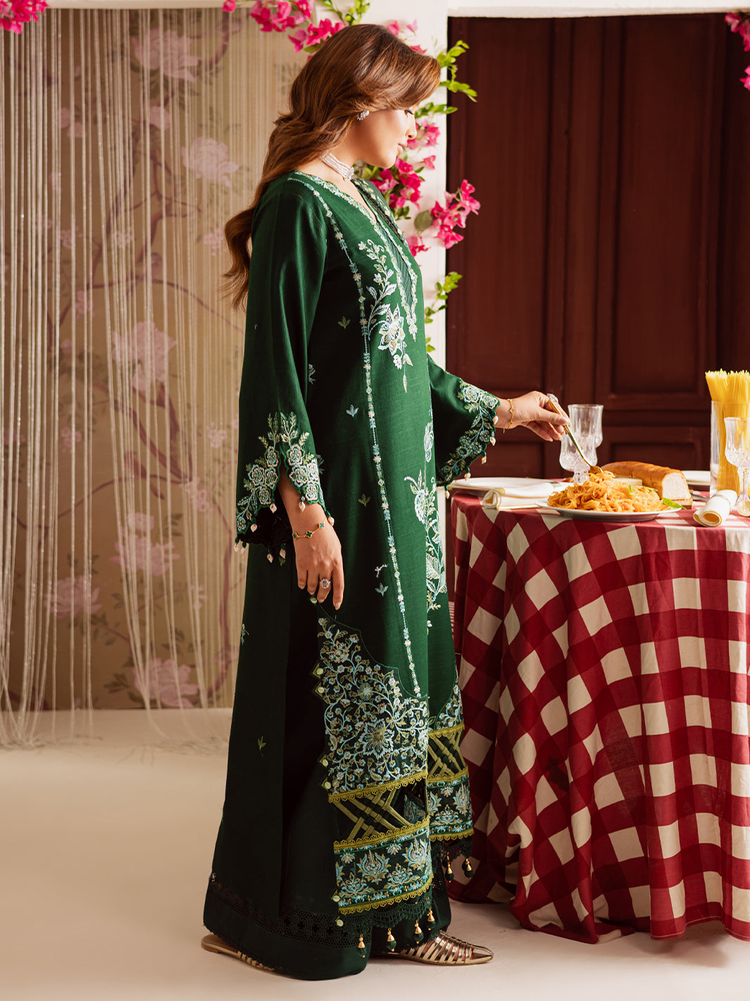 MAHNUR-3PC DHANAK EMBROIDERED SHIRT WITH COURTRAI PRINTED SHAWL & TROUSER-FW-11