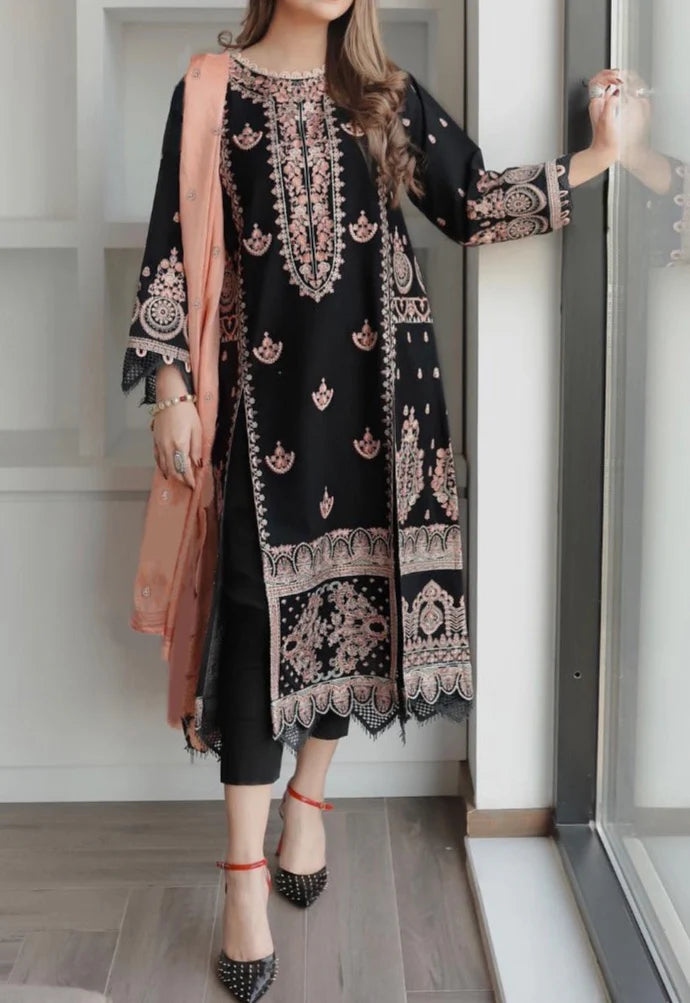 ZAIB-3PC EMBROIDED LAWN DRESS WITH EMBROIDED CHIFFON DUPATTA- EL-25