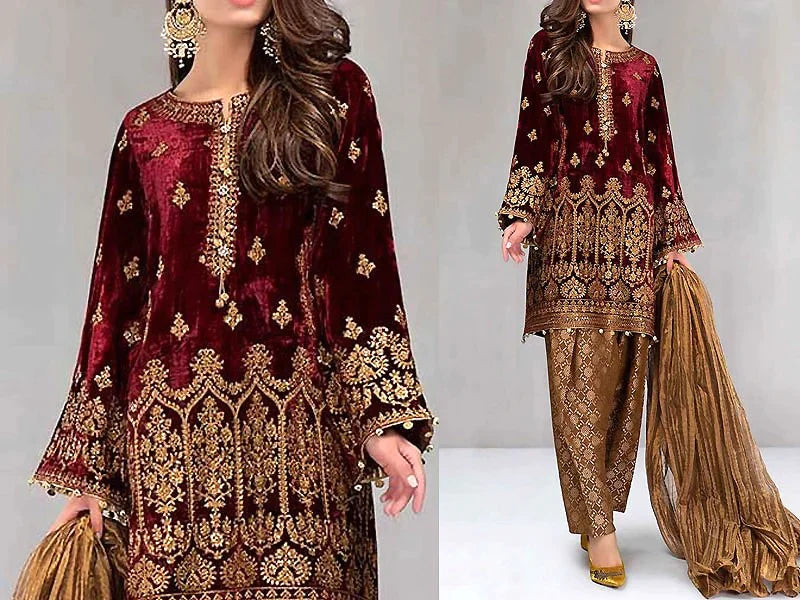 MARIA.B -3PC EMBROIDERED FANCY VELVET DRESS WITH BROSHIA NET DUPATTA- FPW-49