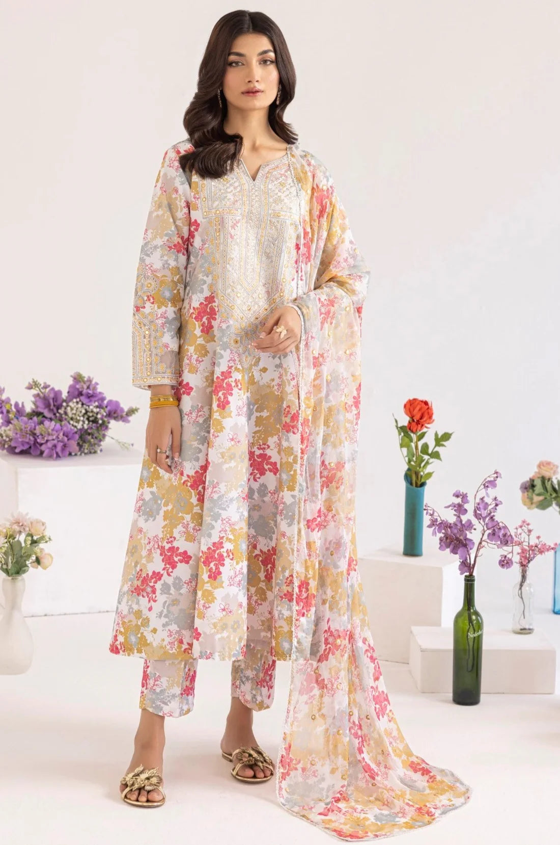 MOHAGNI-3PC EMBROIDERED LAWN DRESS WITH PRINTED CHIFFON DUPATTA- FN-163