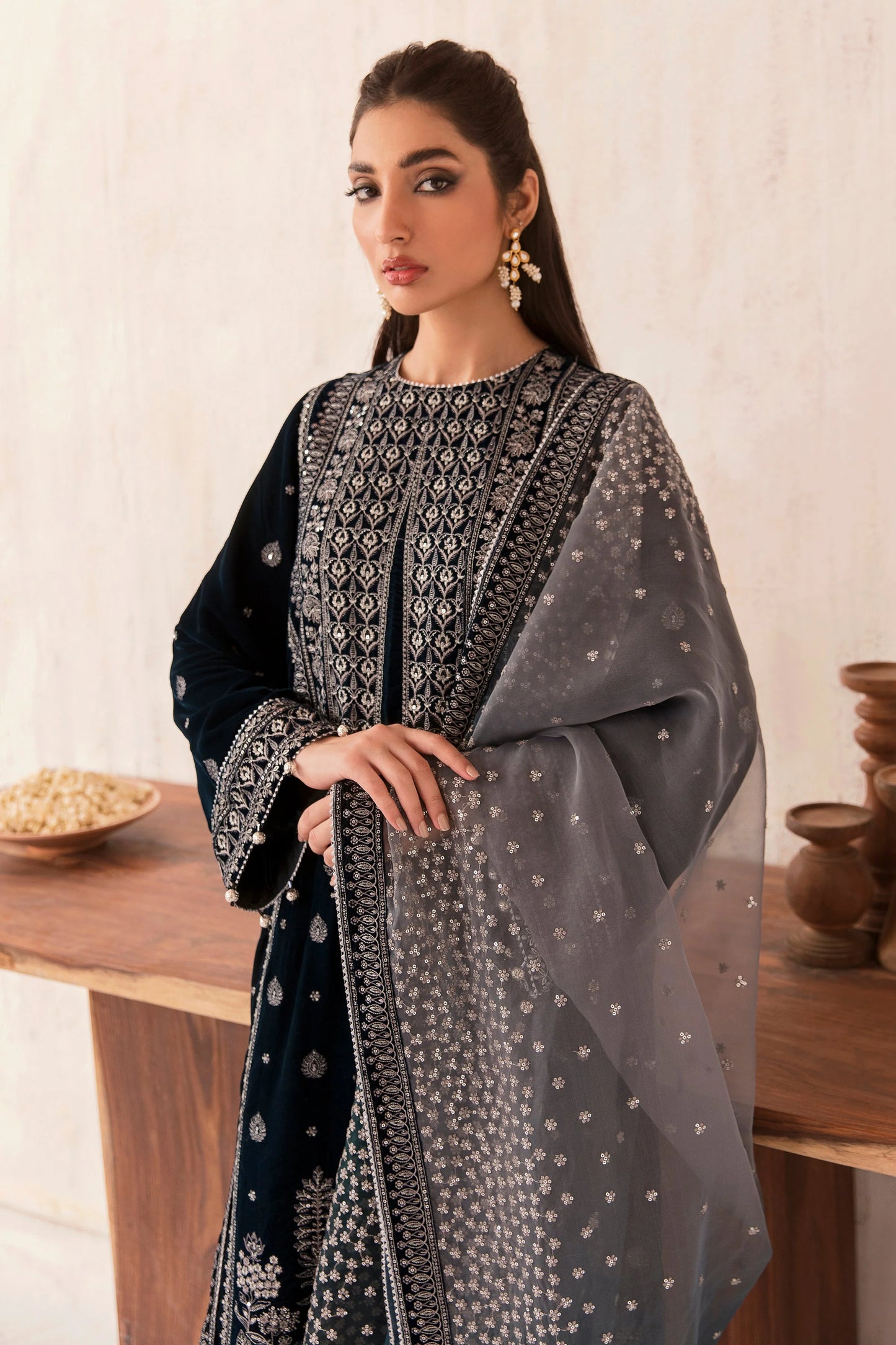 JAZMIN -3PC HEAVY EMBROIDERED VELVET DRESS WITH 4 SIDE EMBROIDERED ORGANZA DUPATTA- FPW-85