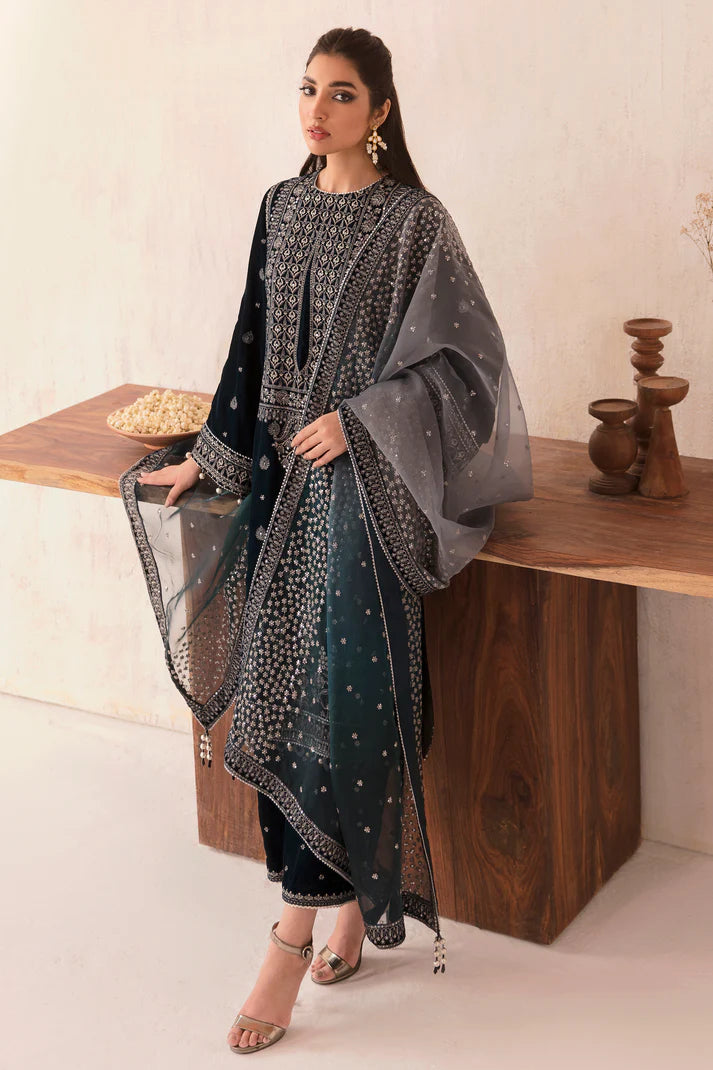 JAZMIN -3PC HEAVY EMBROIDERED VELVET DRESS WITH 4 SIDE EMBROIDERED ORGANZA DUPATTA- FPW-85