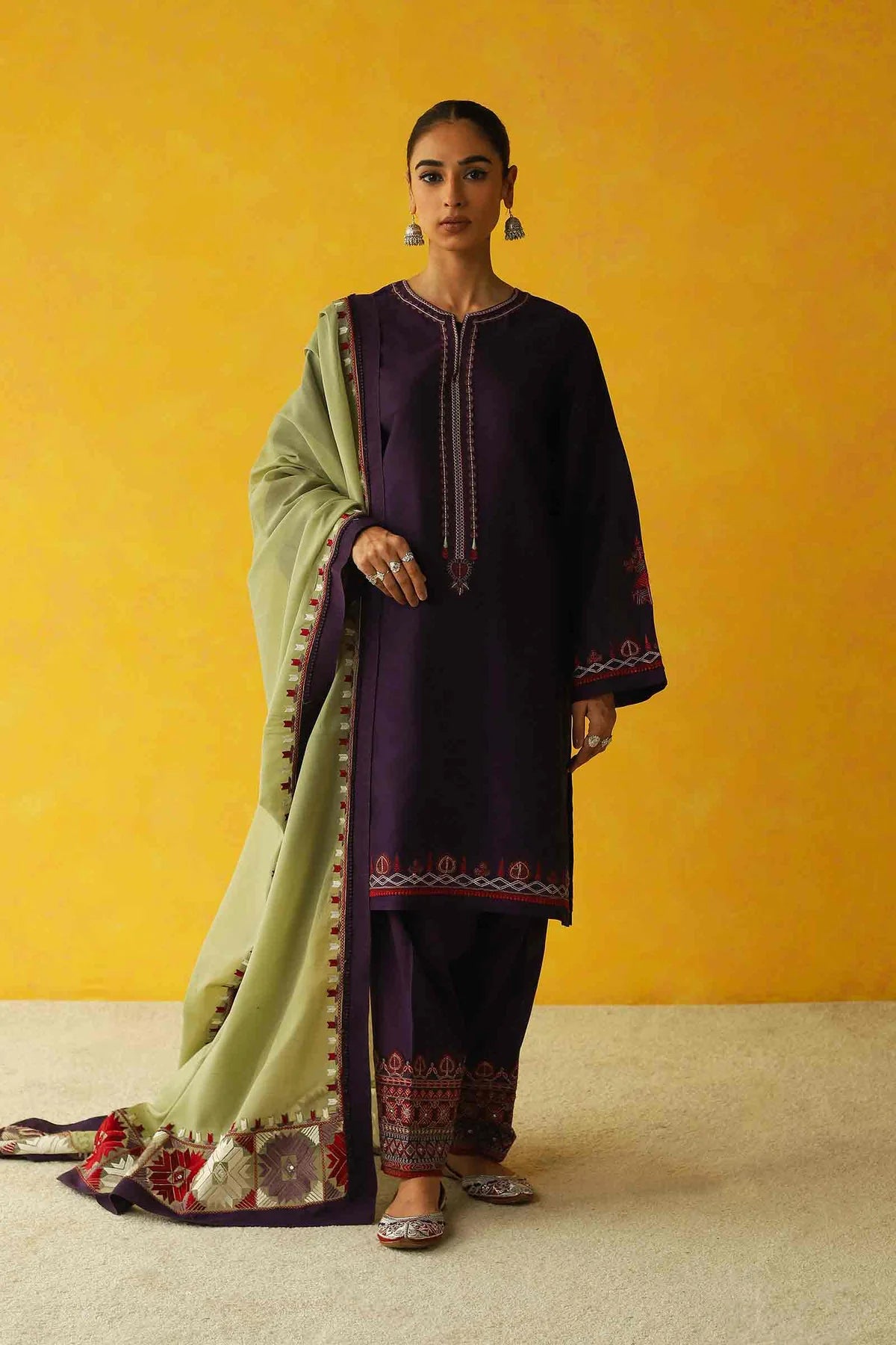 ZARA SHAHJAHAN -3PC EMBROIDERED MARINA DRESS WITH EMBROIDERED MARINA WOOL SHAWL- FW-91