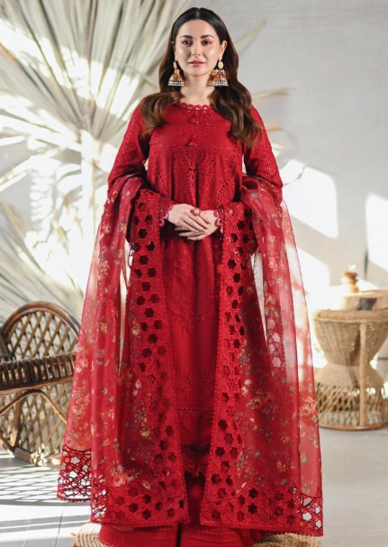 QALAMKAR -3PC HEAVY EMBROIDERED CUTWORK LAWN DRESS WITH 4 SIDE CUTWORK EMBROIDERED ORGANZA DUPATTA- FN-91