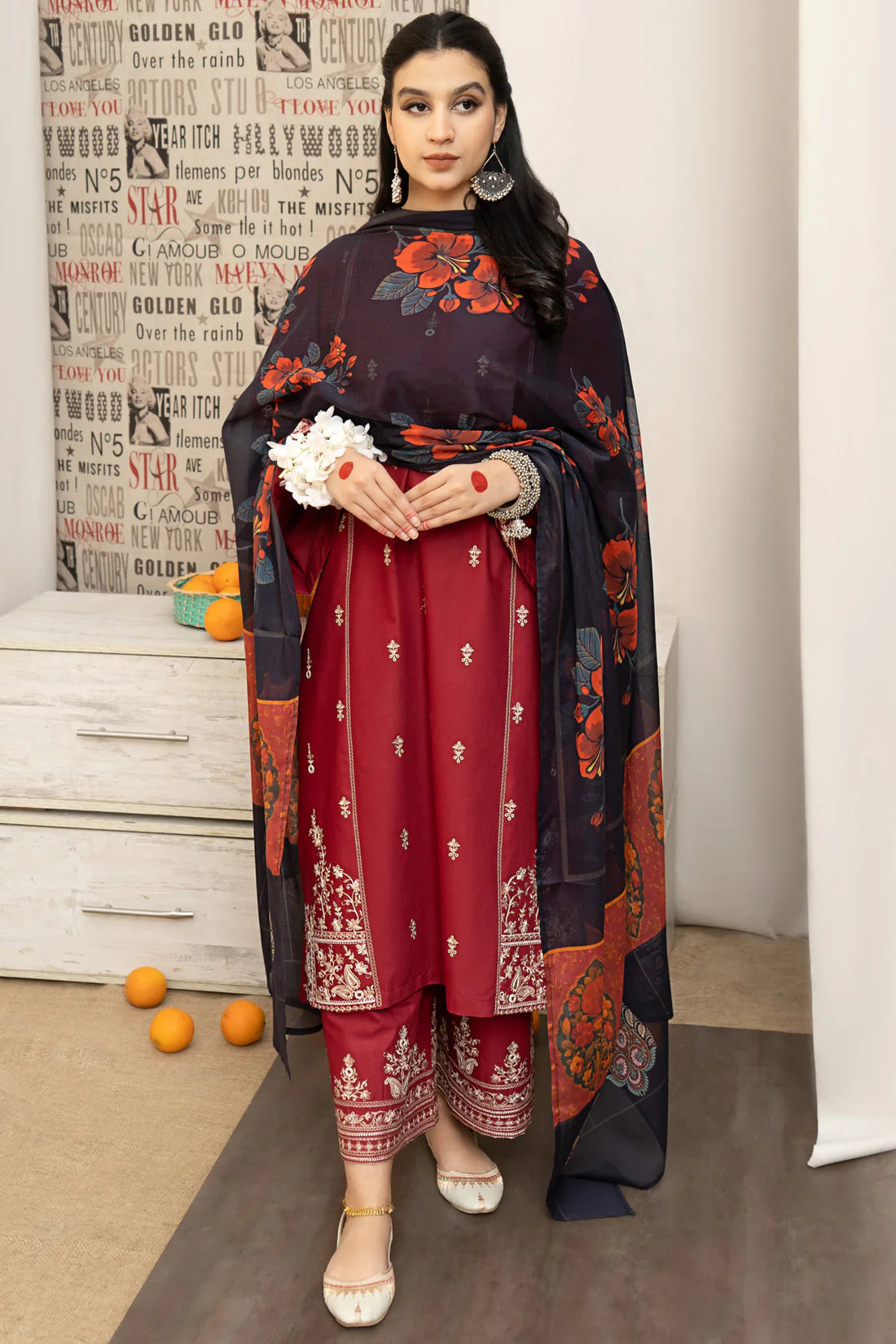 URGE - 3PC DHANAK EMBROIDERED SHIRT WITH COUTURE PRINTED SHAWL AND EMB TROUSER- FW-15