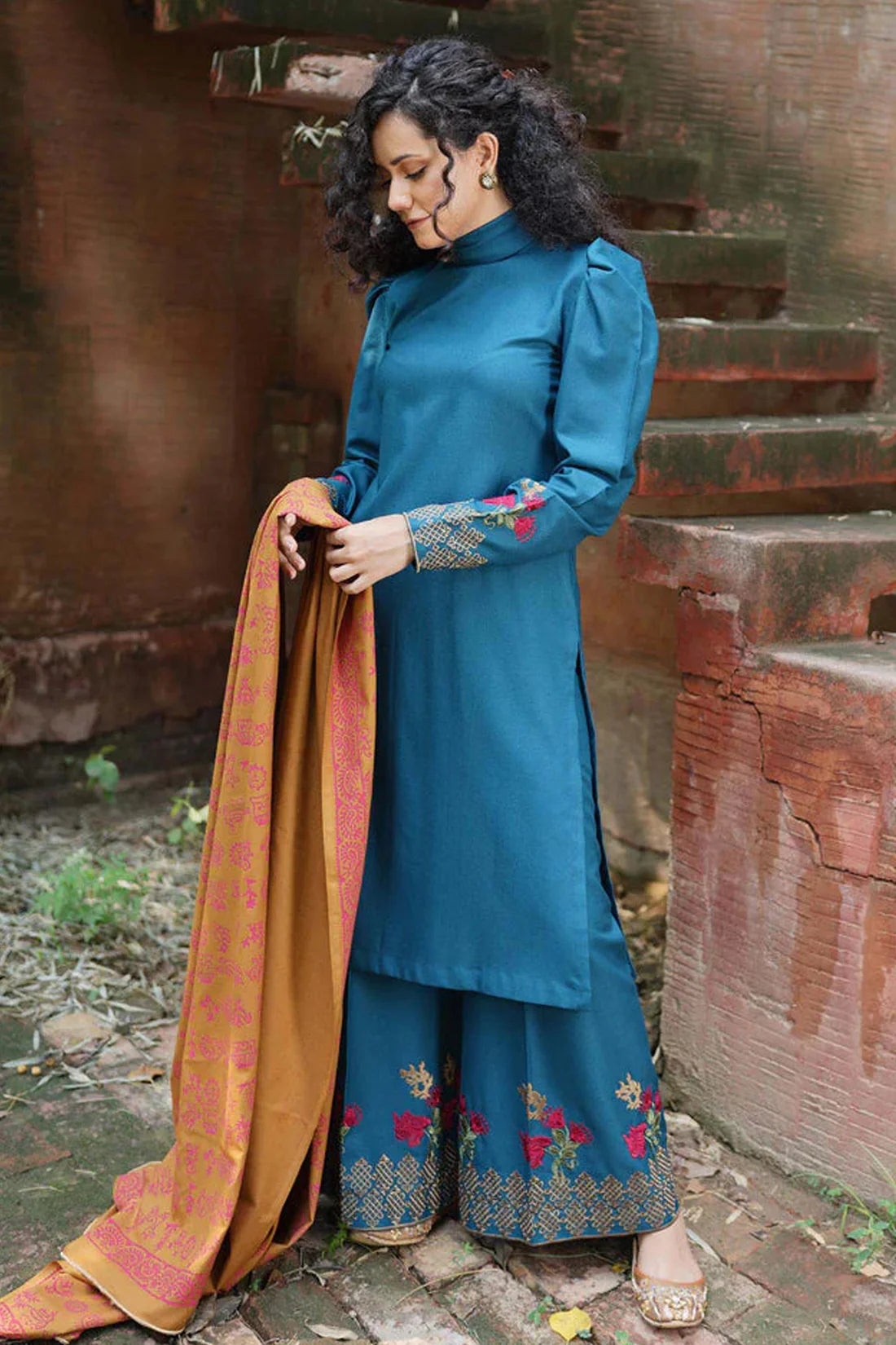 MARIA B - 3PC DHANAK EMBROIDERED SHIRT WITH WOOL PRINTED SHAWL AND TROUSER- FW-33