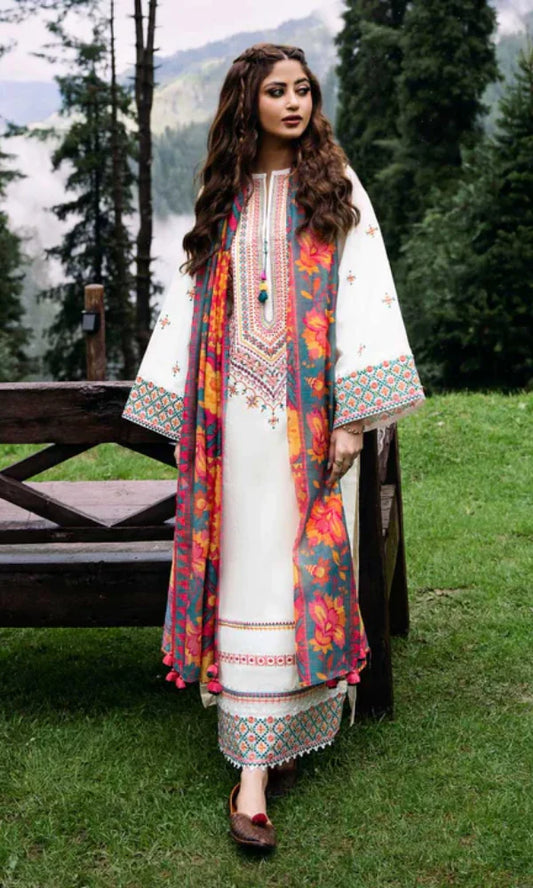 SAPPHIRE-3PC EMBROIDERED LAWN SHIRT LAWN TROUSER WITH PRINTED VOIL DUPPATA FCF-009