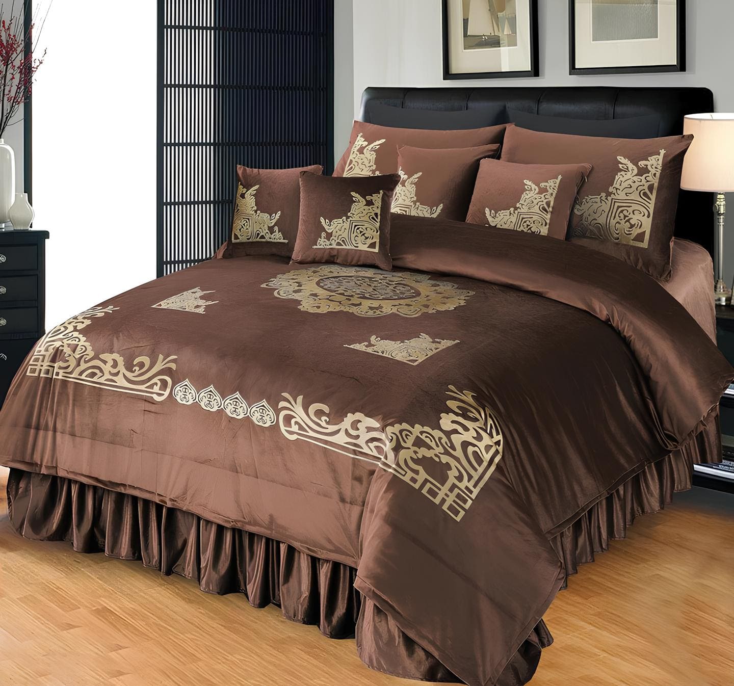 9 PCS VELVET EMBOSS APPLIQUE WORK BRIDAL BEDDING SET 6 COLOURS