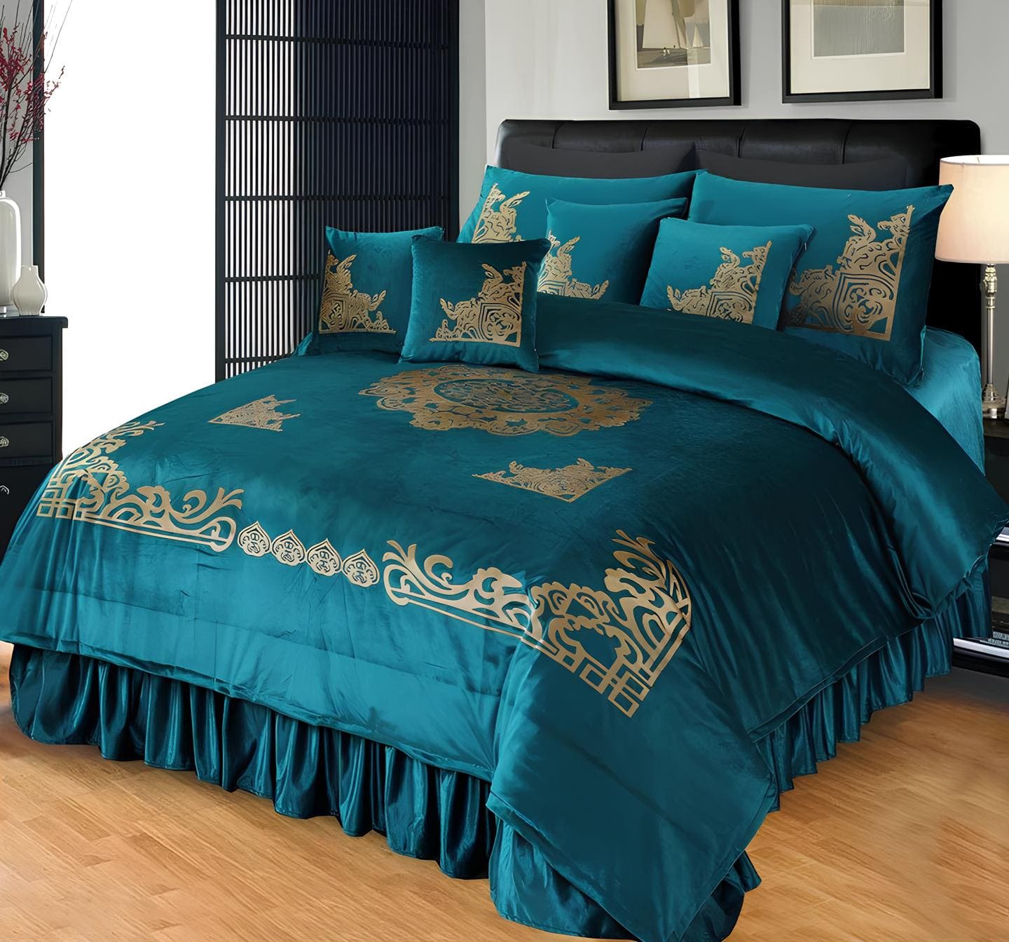 9 PCS VELVET EMBOSS APPLIQUE WORK BRIDAL BEDDING SET 6 COLOURS