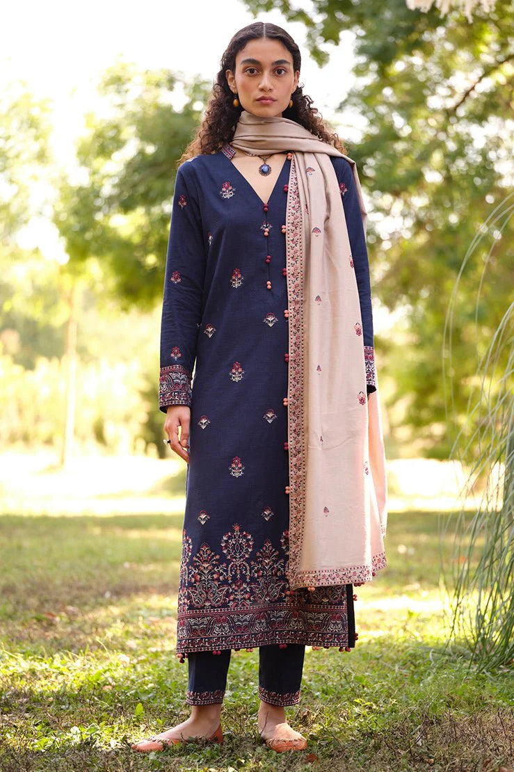 MARIA B- 3PC DHANAK EMBROIDERED SHIRT WITH DHANAK EMBROIDERED SHAWL - FW-138