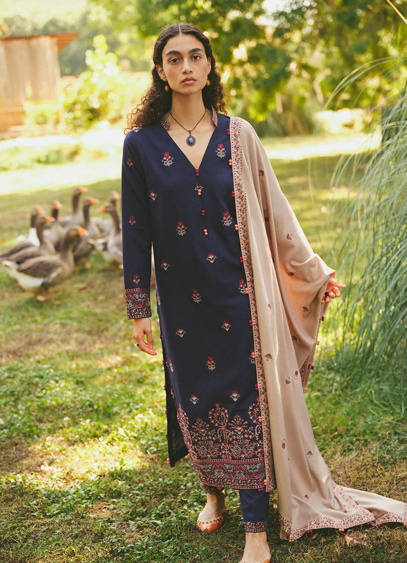 MARIA B- 3PC DHANAK EMBROIDERED SHIRT WITH DHANAK EMBROIDERED SHAWL - FW-138