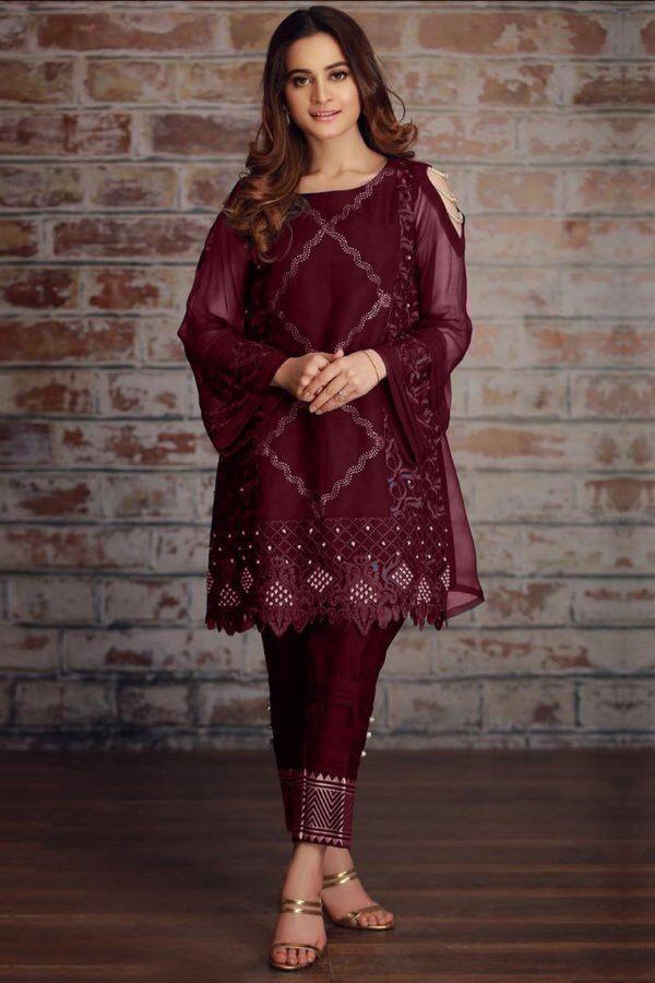 AIMAN MINAL -2PC EMBROIDERED LINEN DRESS WITH EMBROIDERED LINEN TROUSER- WT-05