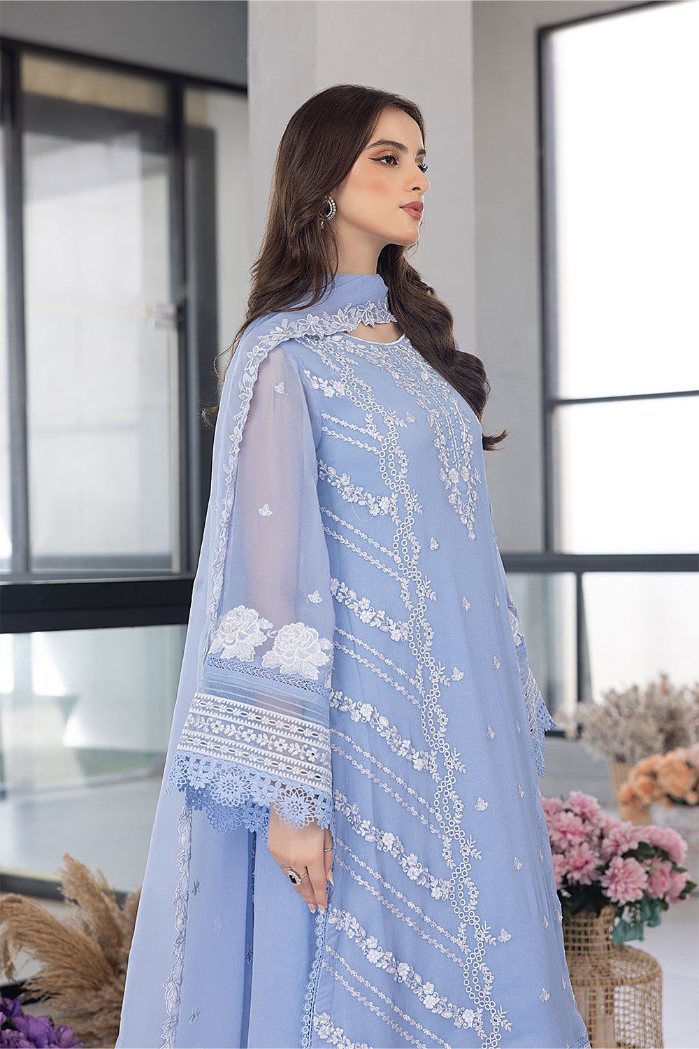 AZURE -3PC HEAVY EMBROIDERED LAWN DRESS WITH EMBROIDERED CHIFFON DUPATTA- EL-10