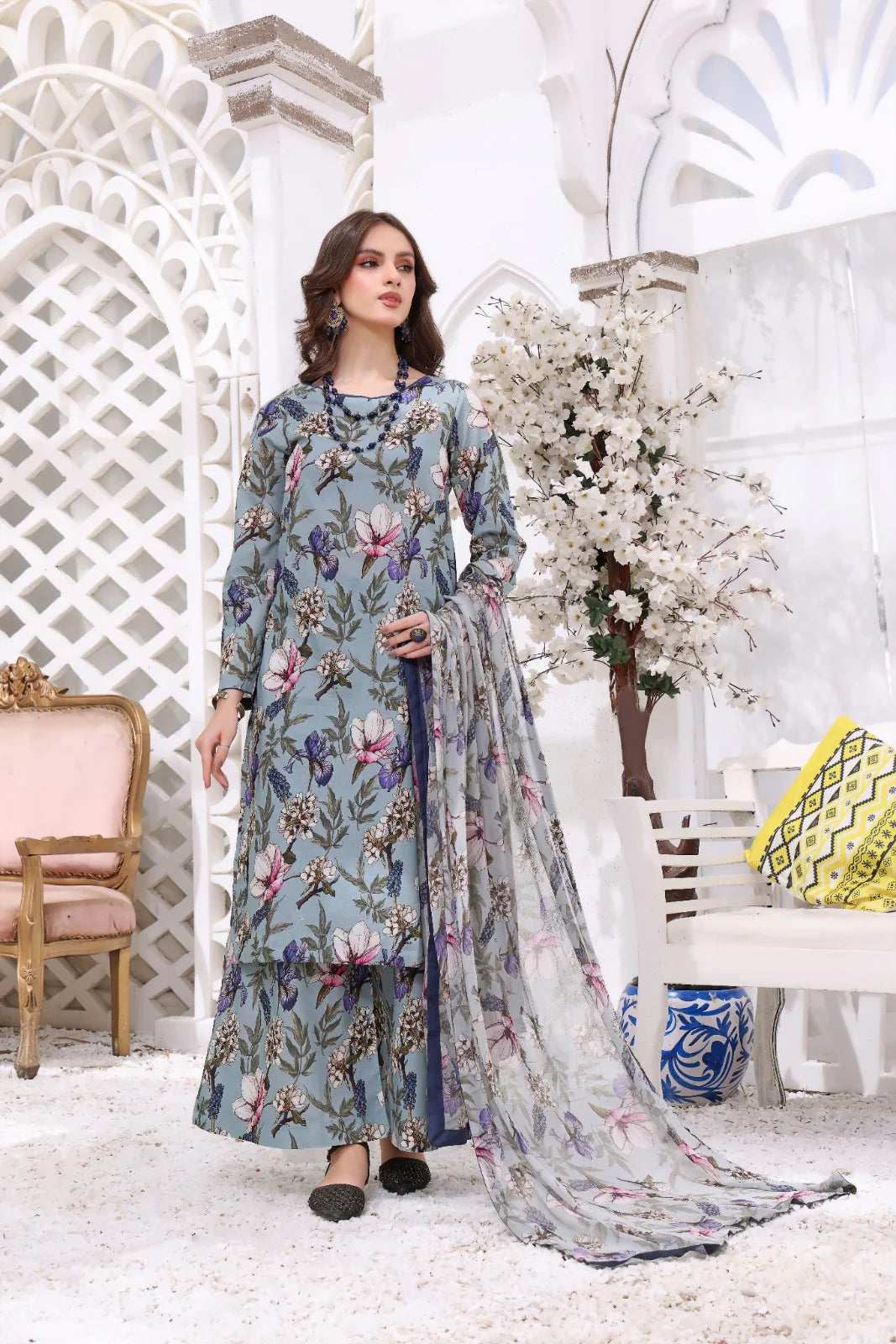 FEATHERS -3PC PRINTED LAWN DRESS WITH SILK DUPATTA- FCP-49