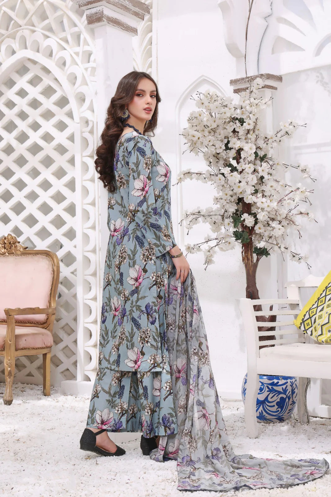 FEATHERS -3PC PRINTED LAWN DRESS WITH SILK DUPATTA- FCP-49