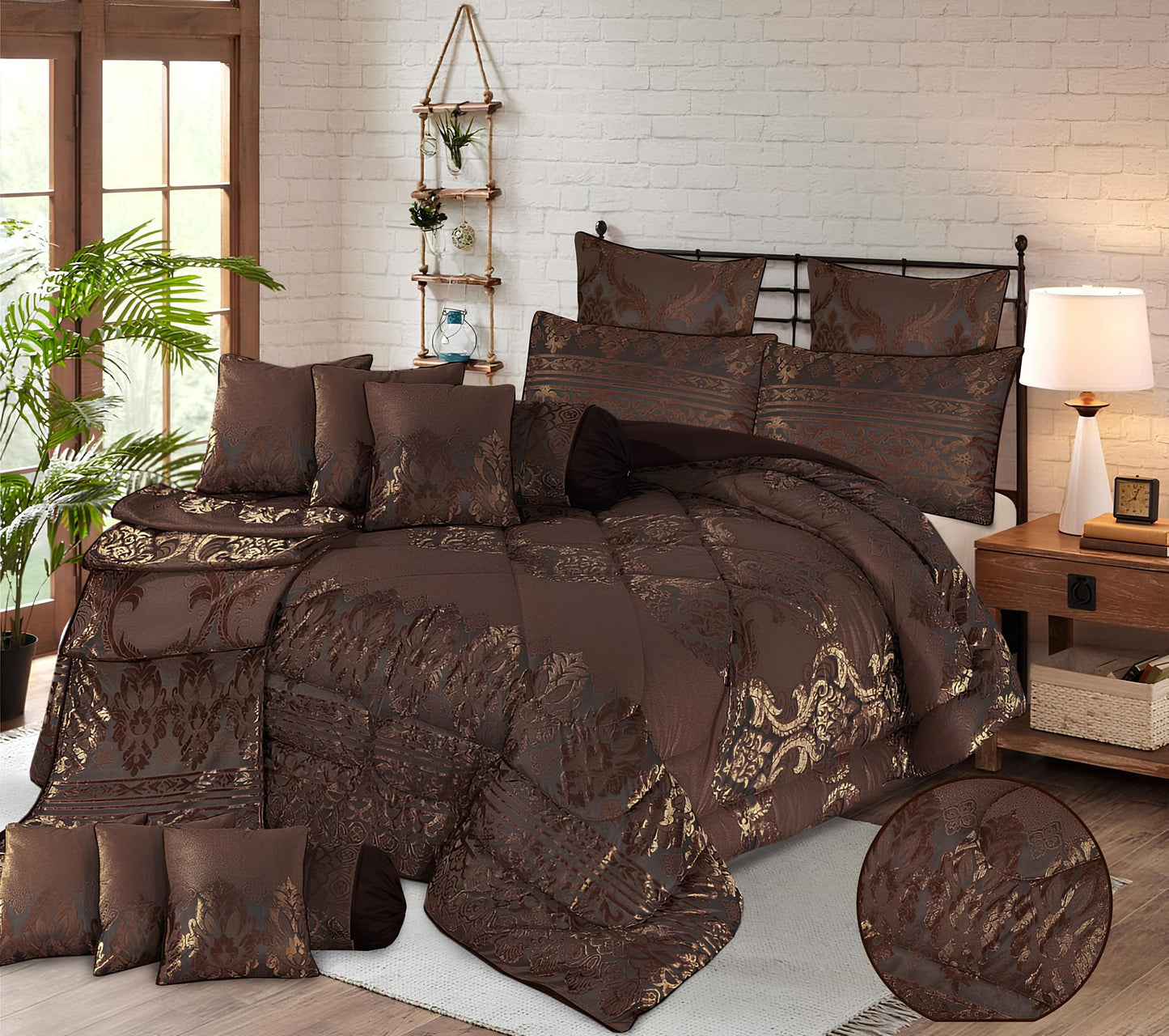 14 PCS VELVET ESPRESSO BEDDING SET WITH FILLED COMFORTER 10 COLOURS