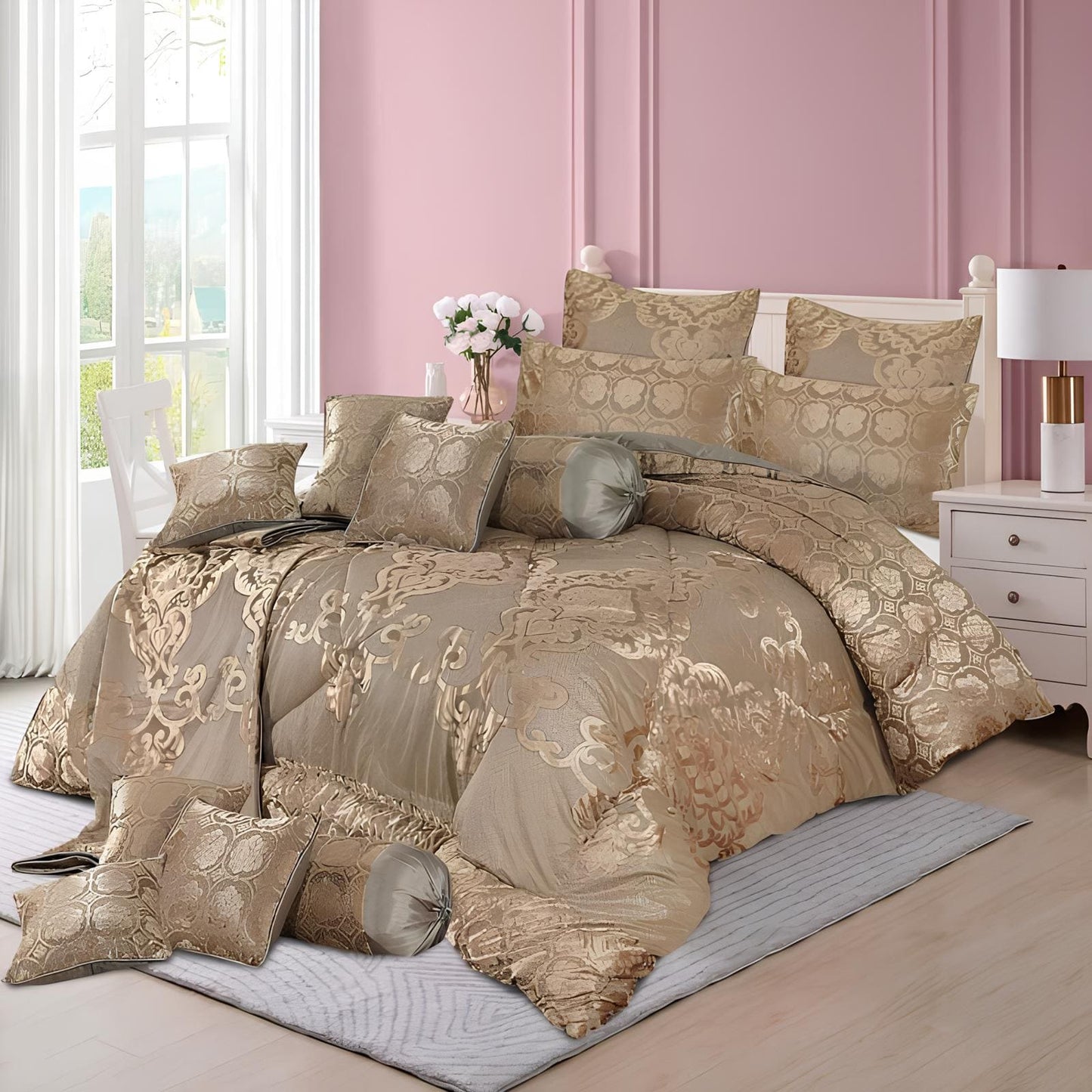 14 PCS VELVET ESPRESSO BEDDING SET WITH FILLED COMFORTER 10 COLOURS