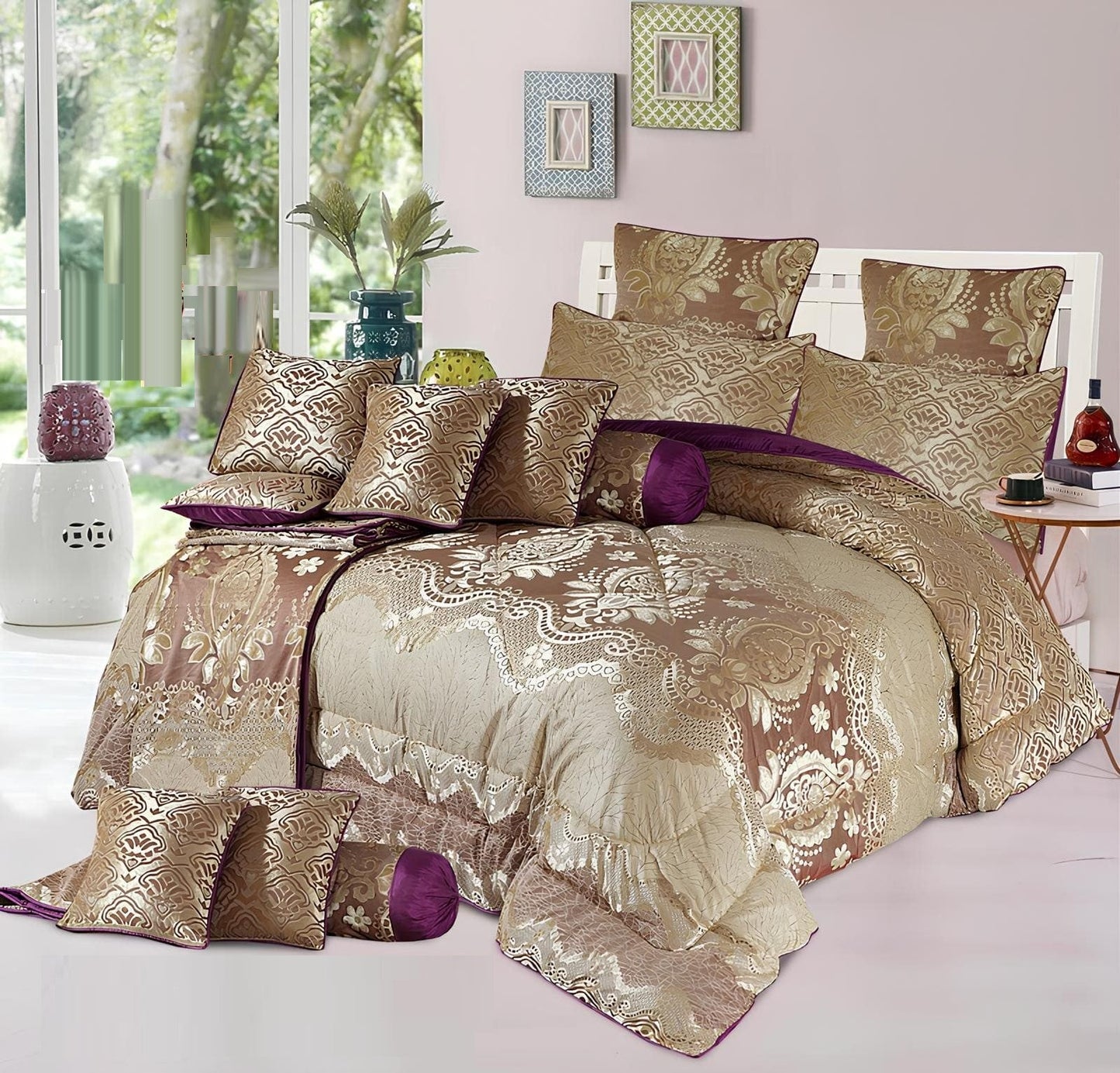 14 PCS VELVET ESPRESSO BEDDING SET WITH FILLED COMFORTER 10 COLOURS