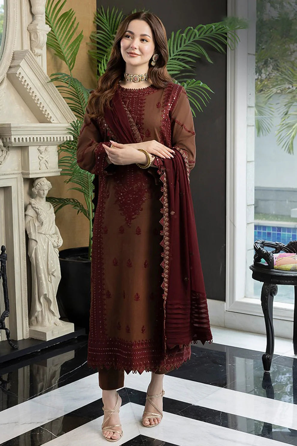 ASIM JOFA- 3PC DHANAK EMBROIDERED SHIRT WITH DHANAK EMBROIDERED SHAWL AND TROUSER- FW-93