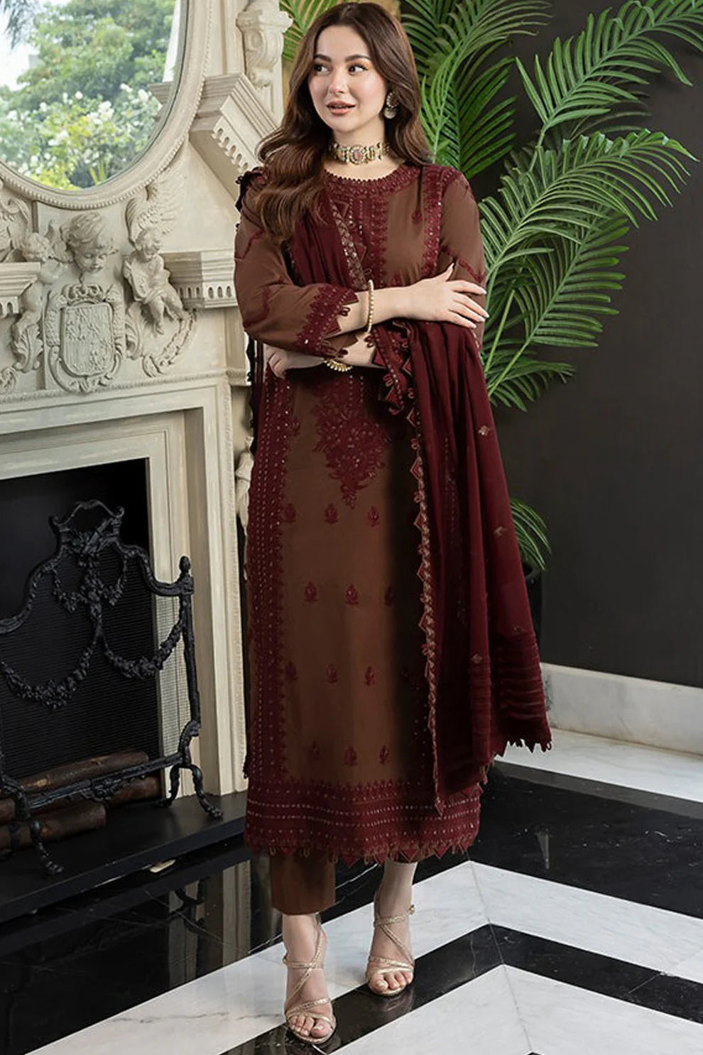 ASIM JOFA- 3PC DHANAK EMBROIDERED SHIRT WITH DHANAK EMBROIDERED SHAWL AND TROUSER- FW-93