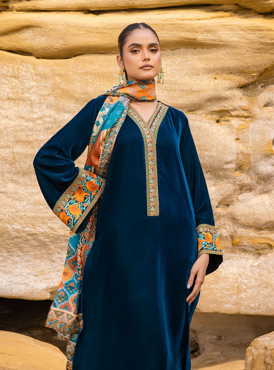 MARIA.B -3PC HEAVY EMBROIDERED VELVET DRESS WITH PRINTED SILK SHAWL DUPATTA- FPW-84