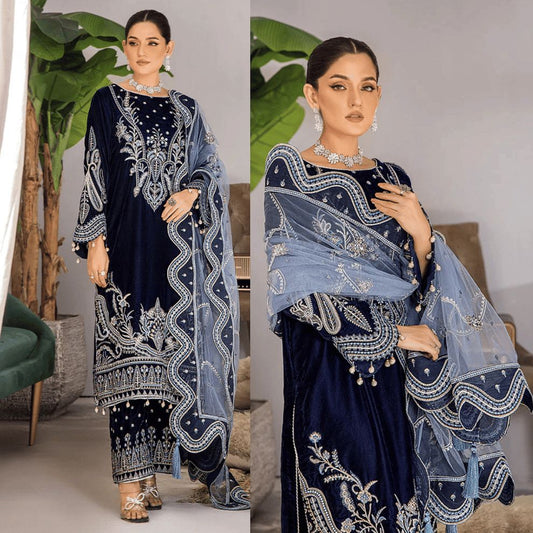 ASIM JOFA -3PC HEAVY EMBROIDERED VELVET DRESS WITH FULLY HEAVY EMBROIDERED NET DUPATTA- FPW-33