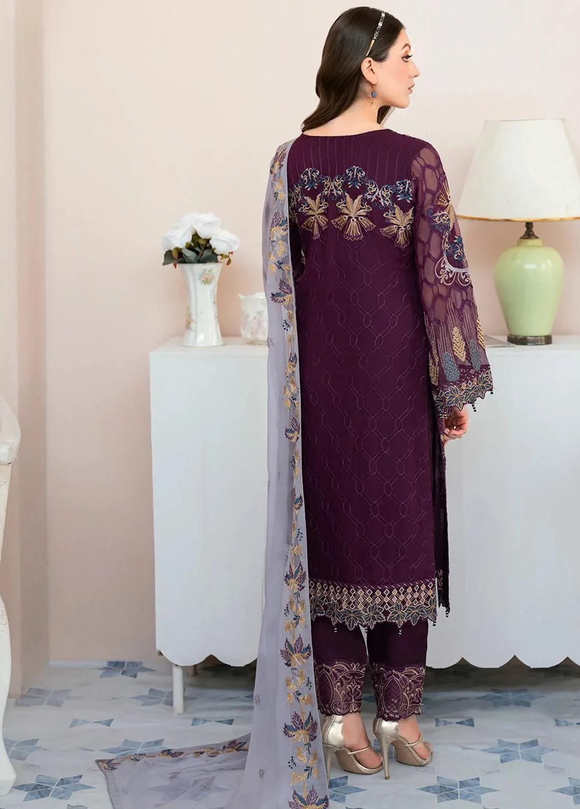 RAMSHA -3PC FULL HEAVY EMBROIDERED FANCY CHIFFON DRESS WITH HEAVY EMBROIDERED CHIFFON DUPATTA- FPW-114