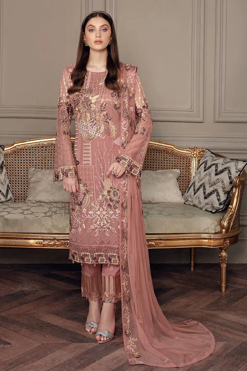 RAMSHA -3PC FANCY EMBROIDERED HEAVY CHIFFON DRESS WITH FULLY EMBROIDERED CHIFFON DUPATTA- FPW-92