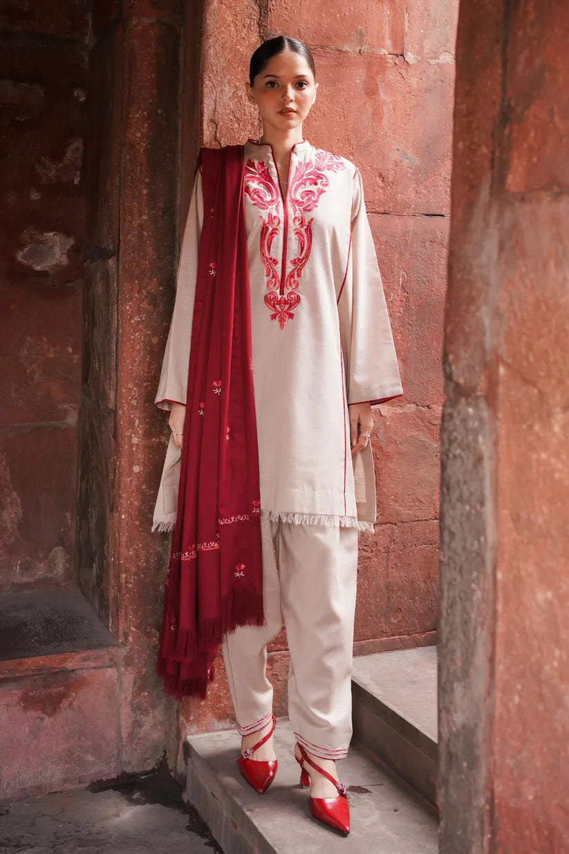 ZARA SHAHJAHAN -3PC EMBROIDERED DHANAK DRESS WITH EMBROIDERED DHANAK WOOL SHAWL- FW-115