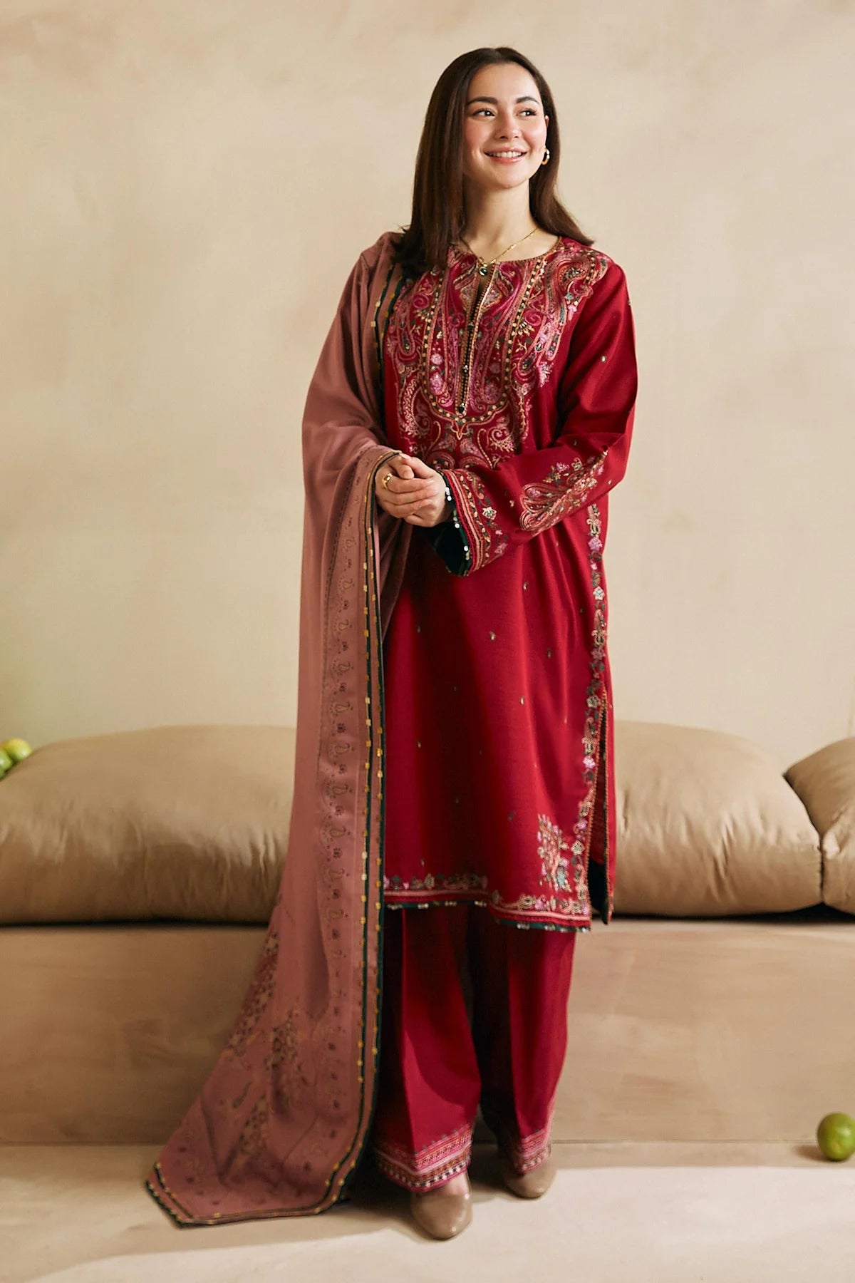 ZARA SHAHJAHAN -3PC EMBROIDERED DHANAK DRESS WITH WOOL SHAWL- FW-129