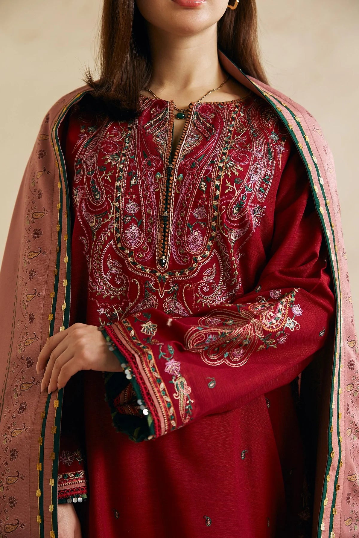 ZARA SHAHJAHAN -3PC EMBROIDERED DHANAK DRESS WITH WOOL SHAWL- FW-129