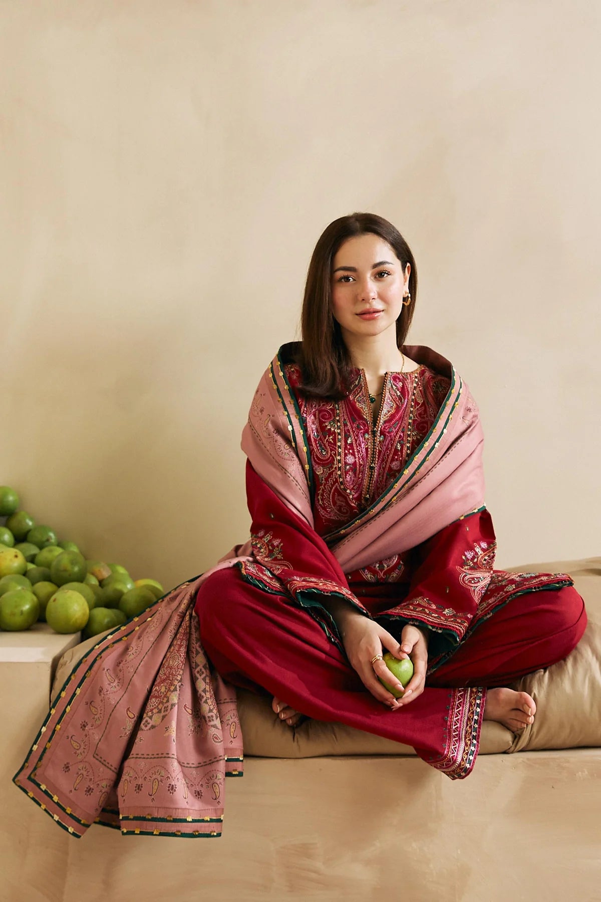 ZARA SHAHJAHAN -3PC EMBROIDERED DHANAK DRESS WITH WOOL SHAWL- FW-129