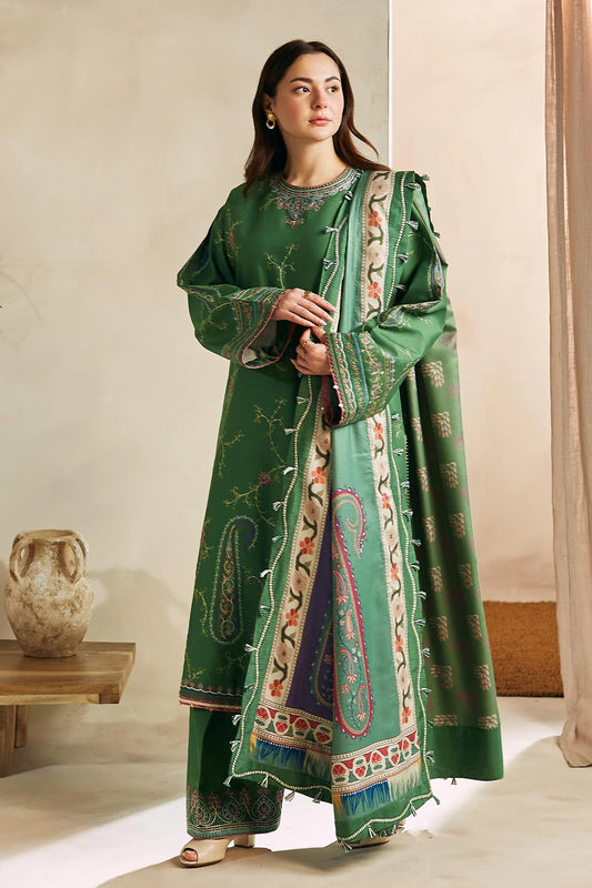 ZARA SHAHJAHAN -3PC EMBRODIERED DHANAK DRESS WITH EMBROIDERED DHANAK WOOL SHAWL- FW-125