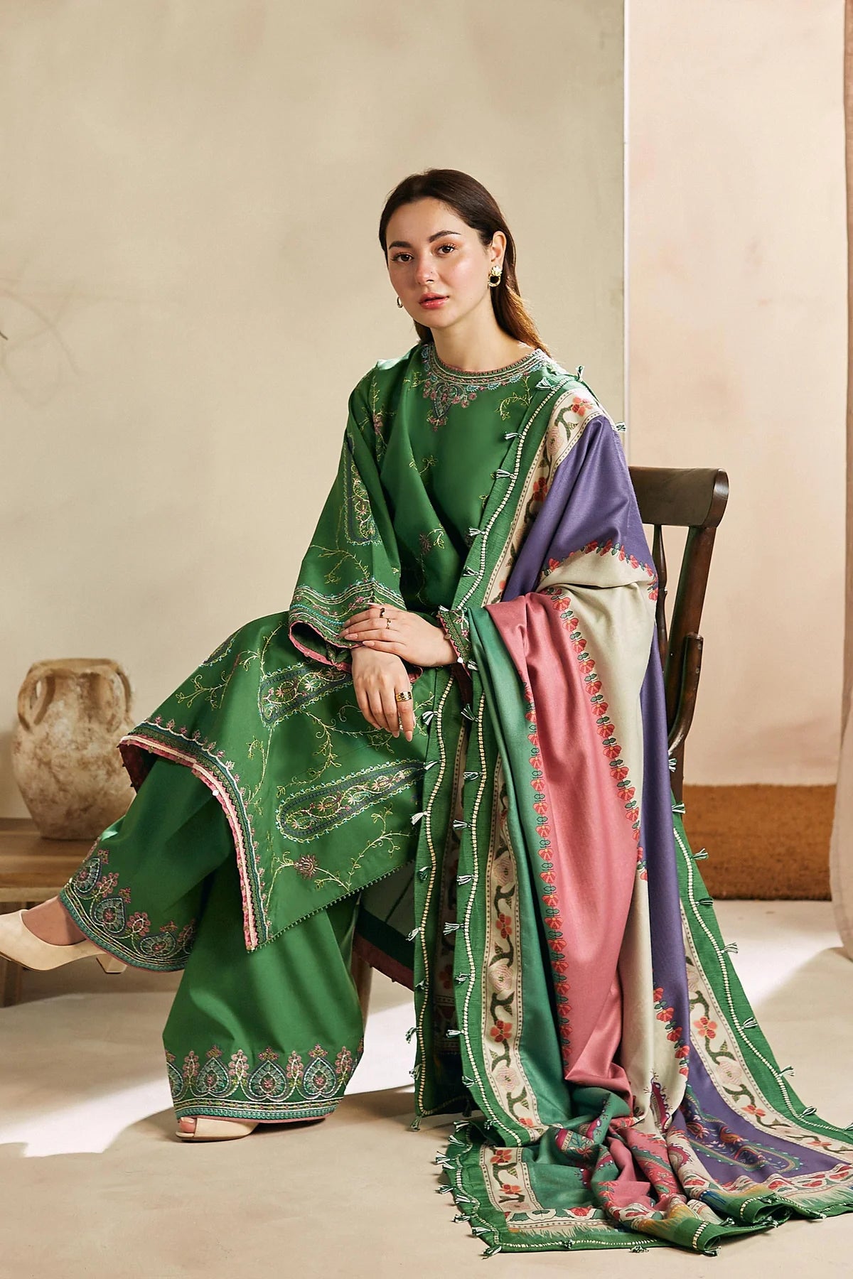 ZARA SHAHJAHAN -3PC EMBRODIERED DHANAK DRESS WITH EMBROIDERED DHANAK WOOL SHAWL- FW-125