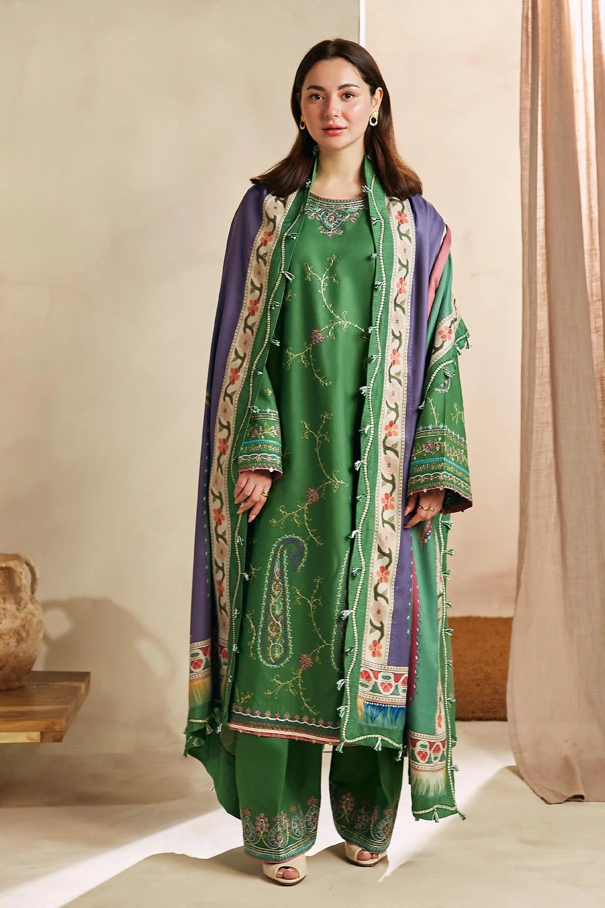 ZARA SHAHJAHAN -3PC EMBRODIERED DHANAK DRESS WITH EMBROIDERED DHANAK WOOL SHAWL- FW-125