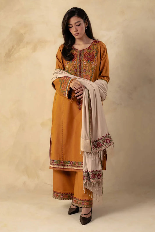 ZARA SHAHJAHAN -3PC EMBROIDERED DHANAK DRESS WITH EMBROIDERED DHANAK WOOL SHAWL- FW-118