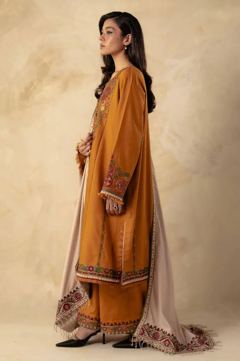 ZARA SHAHJAHAN -3PC EMBROIDERED DHANAK DRESS WITH EMBROIDERED DHANAK WOOL SHAWL- FW-118