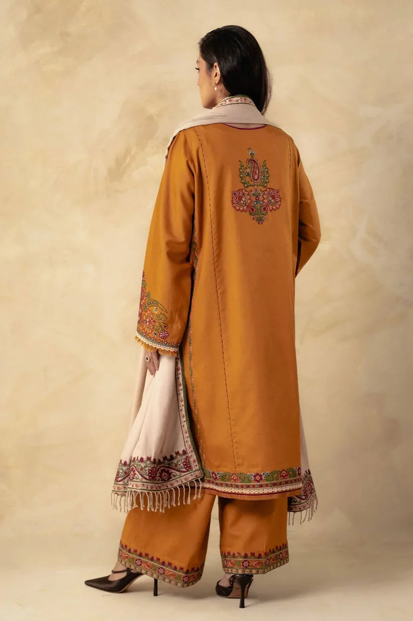 ZARA SHAHJAHAN -3PC EMBROIDERED DHANAK DRESS WITH EMBROIDERED DHANAK WOOL SHAWL- FW-118