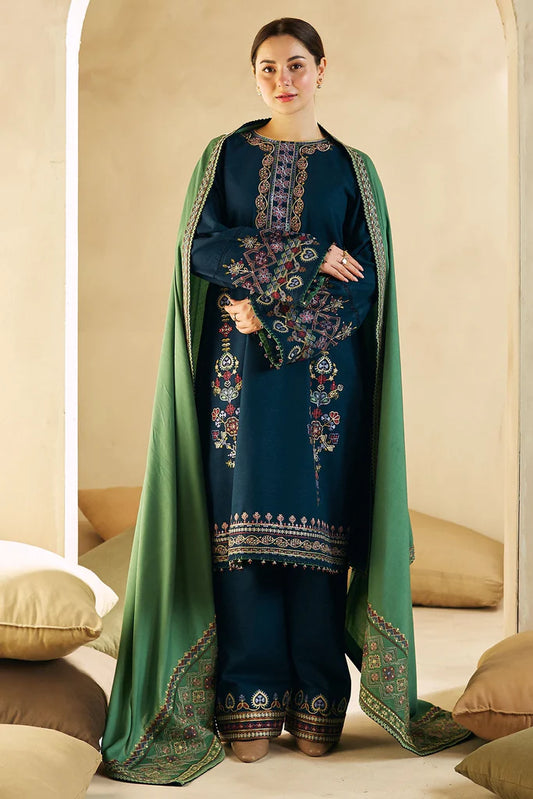 COCO BY ZARASHAHJAHAN- 3PC EMBROIDERED DHANAK DRESS WITH EMBROIDERED DHANAK WOOL SHAWL- FW-83