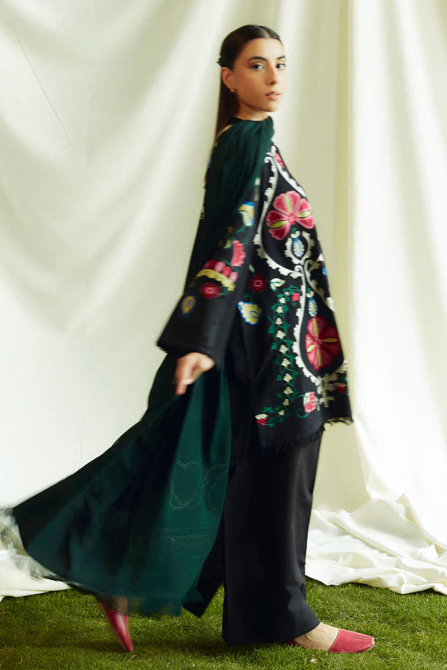 COCO BY ZARASHAHJAHAN- 3PC EMBROIDERED KHADDAR DRESS WITH EMBROIDERED MARINA  SHAWL- FW-148