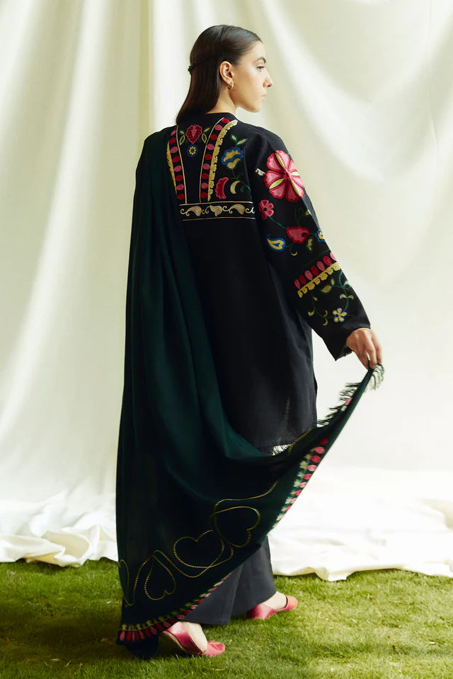 COCO BY ZARASHAHJAHAN- 3PC EMBROIDERED KHADDAR DRESS WITH EMBROIDERED MARINA  SHAWL- FW-148