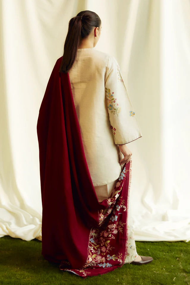 COCO BY ZARASHAHJAHAN- 3PC EMBROIDERED KHADDAR DRESS WITH EMBROIDERED MARINA SHAWL- FW-157