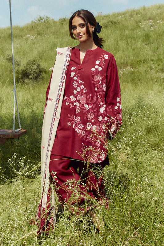 COCO BY ZARASHAHJAHAN- 3PC EMBROIDERED KHADDAR DRESS WITH EMBROIDERED MARINA SHAWL- FW-152